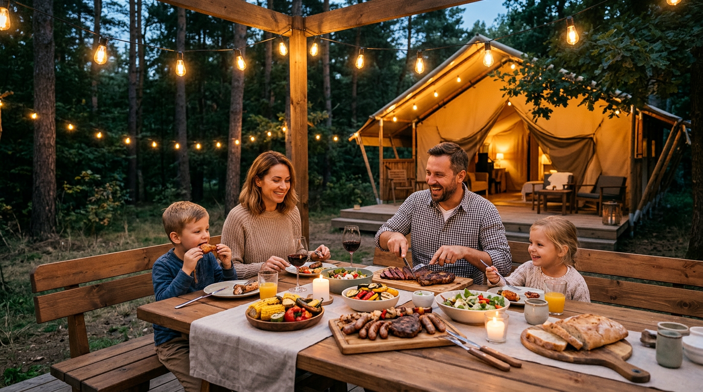高級グランピング施設のBBQスペースで食事を楽しむ子連れファミリー